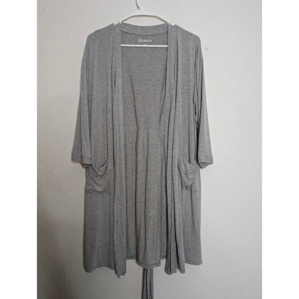 Quince Womens Open Front Cardigan Robe XS Gray Pockets Soft Loungewear Bamboo